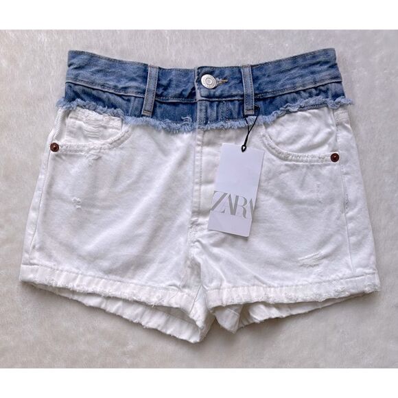 NWT Zara Blue & White Color Block Distressed Button Fly Denim Shorts, Size 0 - Picture 8 of 12